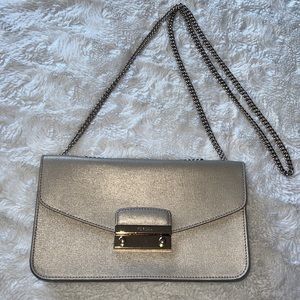 FURLA leather crossbody in champagne/gold shade with gold chain